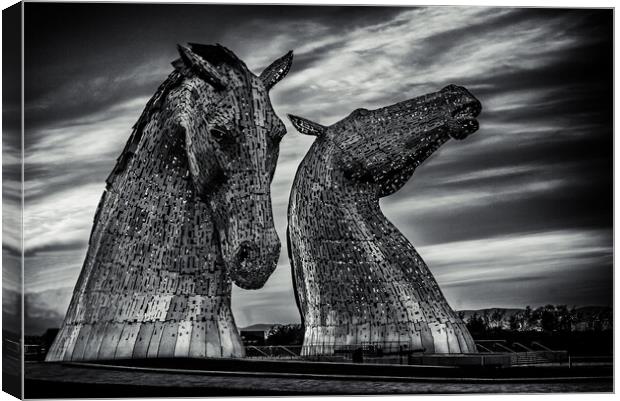 The Kelpies in Black and White Canvas Print by John Frid