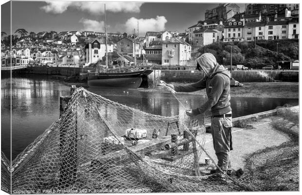Mending Nets at Brixham Harbour Monochrome Canvas Print by Paul F Prestidge