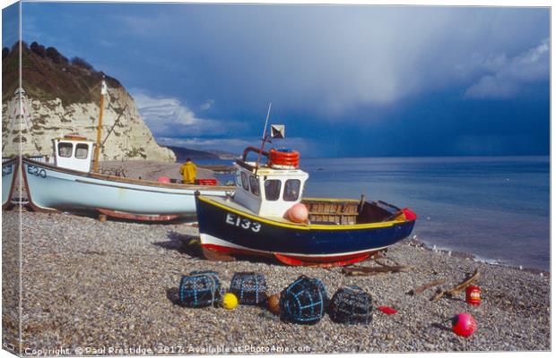  Beer, Devon, Fishing Boats on Beach Canvas Print by Paul F Prestidge