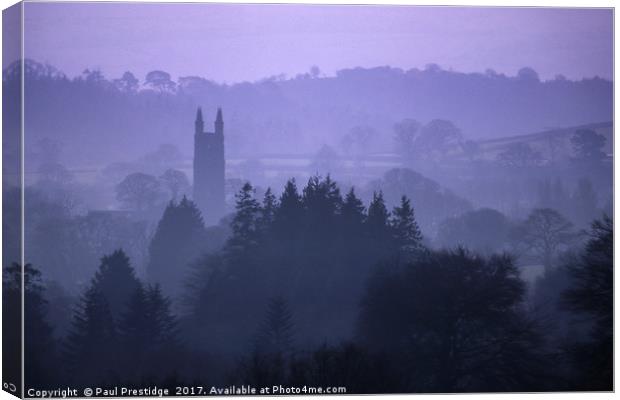 Widdecombe Church Through The Mist Canvas Print by Paul F Prestidge
