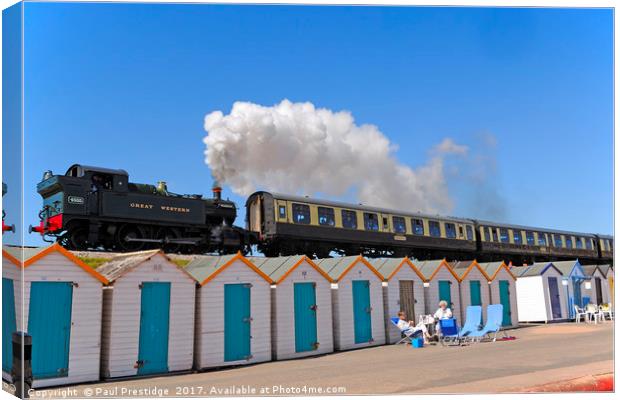 Steam Train & Beach Huts at Goodrington Beach Canvas Print by Paul F Prestidge