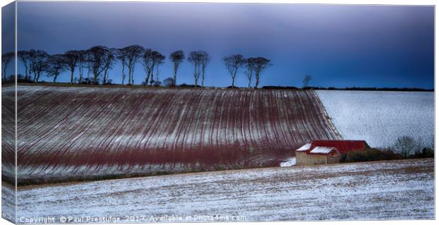 Red Roofed Barn in Snow Canvas Print by Paul F Prestidge