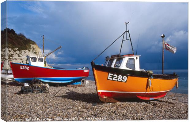 Boats in Storm Lighting at Beer, Jurassic Coast, D Canvas Print by Paul F Prestidge