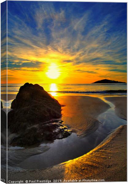 Sunset over Sea from Bantham Beach Canvas Print by Paul F Prestidge
