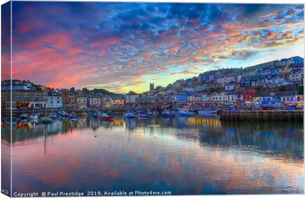 Pink Twilight Reflections in Brixham Harbour Canvas Print by Paul F Prestidge