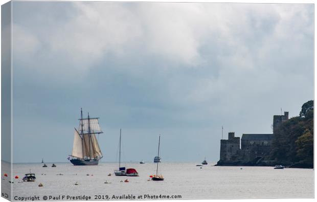 Dartmouth Castle and a Tall Ship Canvas Print by Paul F Prestidge