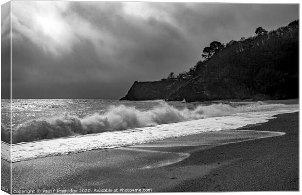 Storm at Blackpool Sands, Devon Mono Canvas Print by Paul F Prestidge