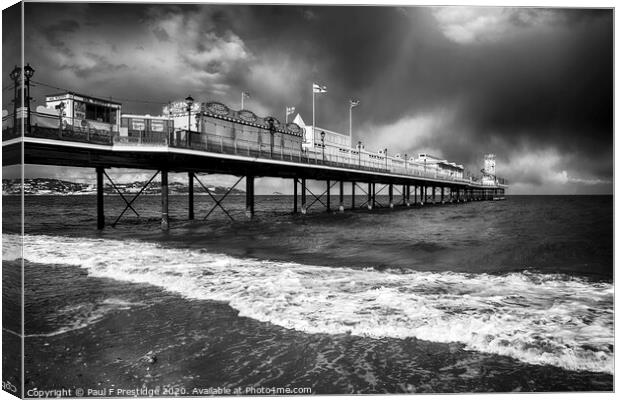 Paignton Pier in Stormy Weather Monochrome Canvas Print by Paul F Prestidge