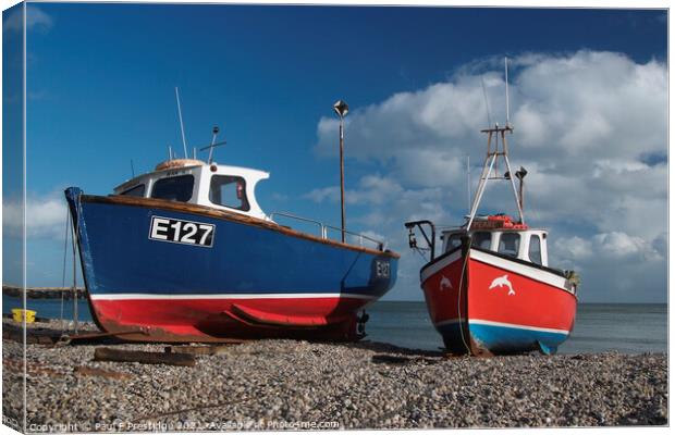 Brightly Coloured Boats at Beer, Devon Canvas Print by Paul F Prestidge