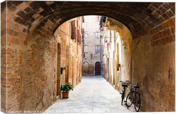 View of an alley in a Tuscan town Canvas Print by Marco Bicci