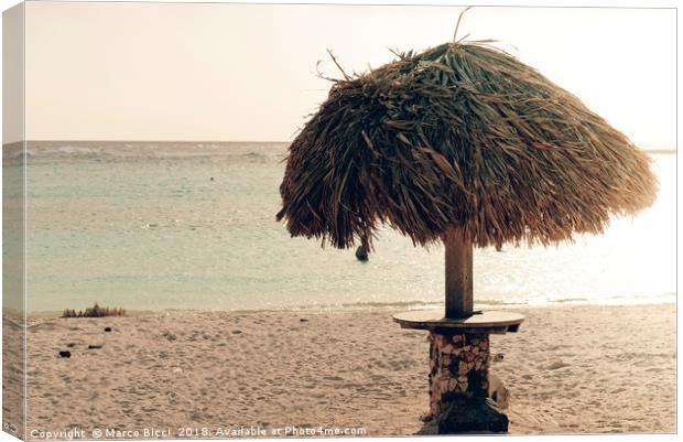 A parasol in the idyllic Baby Beach, Aruba Canvas Print by Marco Bicci