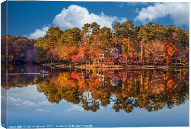 Fisherman on Calm Lake by Home in Autumn Canvas Print by Darryl Brooks