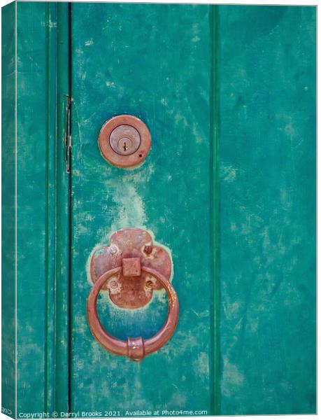 Brass Lock and Knocker on Old Green Door Canvas Print by Darryl Brooks