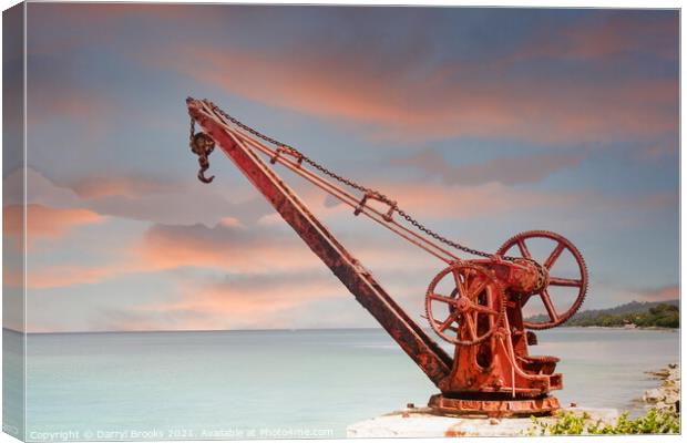 Old Red Rusty Crane on Shore at Dusk Canvas Print by Darryl Brooks