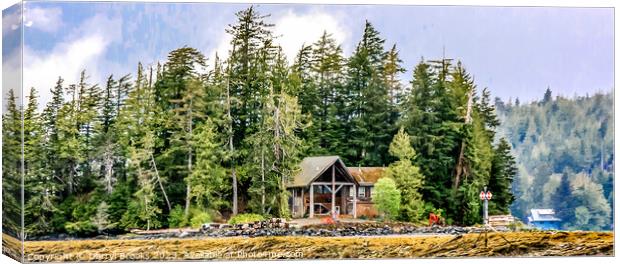 Cabin on Shore of Fir Covered Island Canvas Print by Darryl Brooks