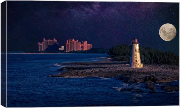 Lighthouse and Resort in Bahamas at Night Canvas Print by Darryl Brooks