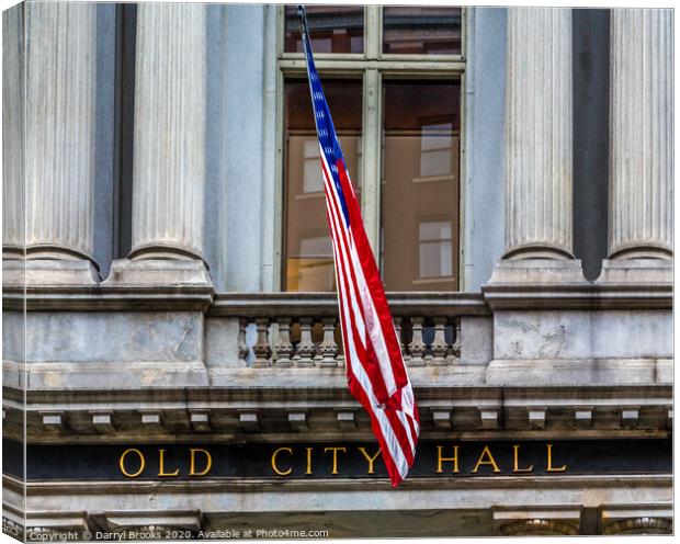 Old City Hall Sign with Flag Canvas Print by Darryl Brooks
