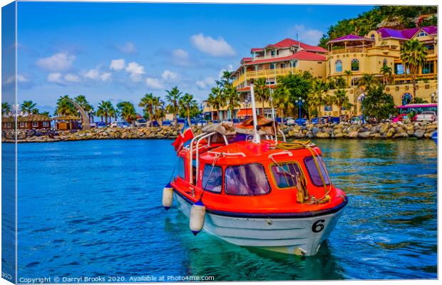 Orange Lifeboats Across Colorful Bay Canvas Print by Darryl Brooks