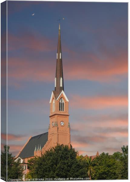 Red Stucco Steeple Rising in Early Morning Light Canvas Print by Darryl Brooks