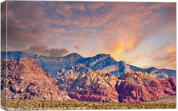 Red Rock and Blue Mountains Rising from Desert at Sunset Canvas Print by Darryl Brooks