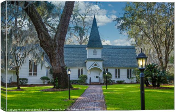 Small Church Past Brick Walk and Green Lawn with Lamps Canvas Print by Darryl Brooks
