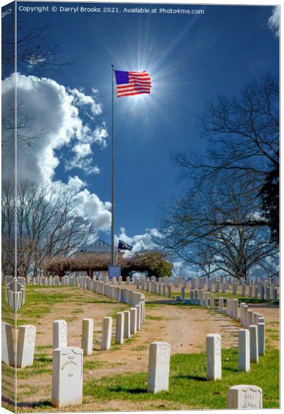 Sun Behind Flag at Cemetery Canvas Print by Darryl Brooks