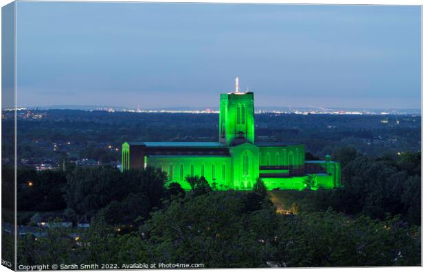 Guildford Cathedral Illuminated Green Canvas Print by Sarah Smith