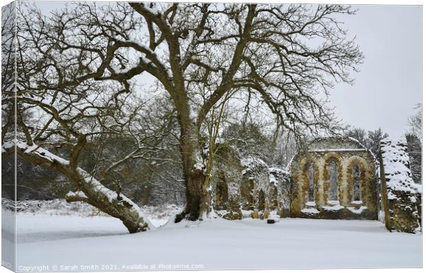 Snow Covered Waverley Abbey Ruin  Canvas Print by Sarah Smith