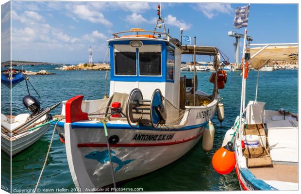Greek fishing boat in harbour, Canvas Print by Kevin Hellon