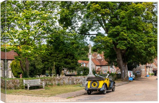 Vintage car outside the church in Hambleden, Canvas Print by Kevin Hellon