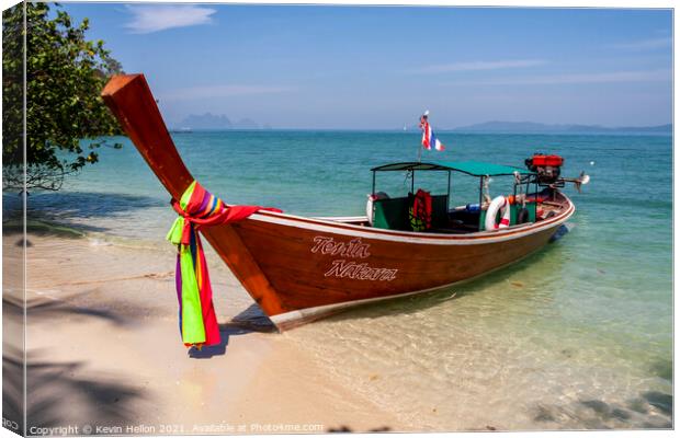 Long tail boat beached on Naka Island, Phuket Canvas Print by Kevin Hellon