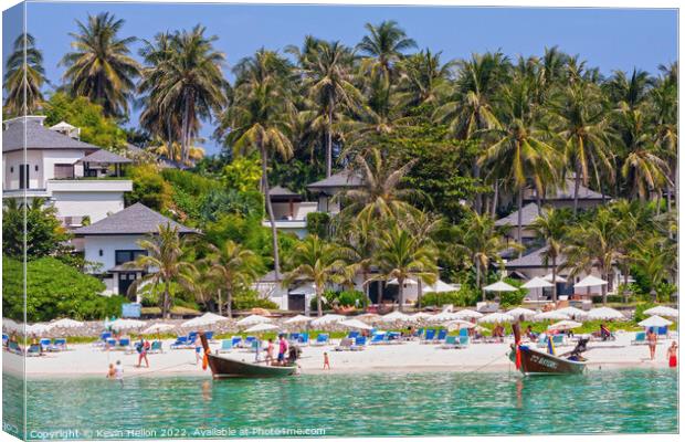 Beach and long tail boats, Koh Racha Yai Canvas Print by Kevin Hellon