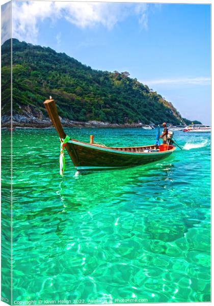 Emerald water and long tail boat, Koh Racha Ya Canvas Print by Kevin Hellon