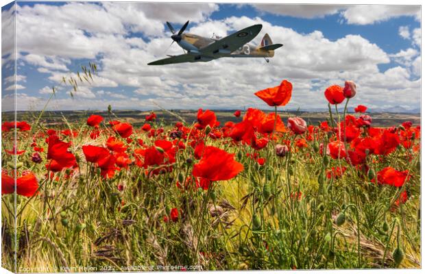Spitfire fighter war plane flying over a poppy field. Canvas Print by Kevin Hellon