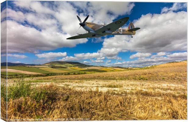 Spitfire fighter war plane flying over a field. Canvas Print by Kevin Hellon