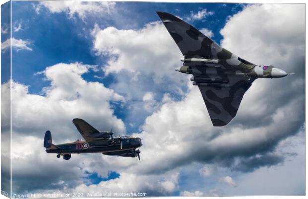 Avro Vulcan Bomber XH558 and Lancaster bomber in flight Canvas Print by Kevin Hellon