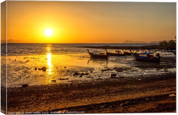 Long tail boats at sunrise, Canvas Print by Kevin Hellon