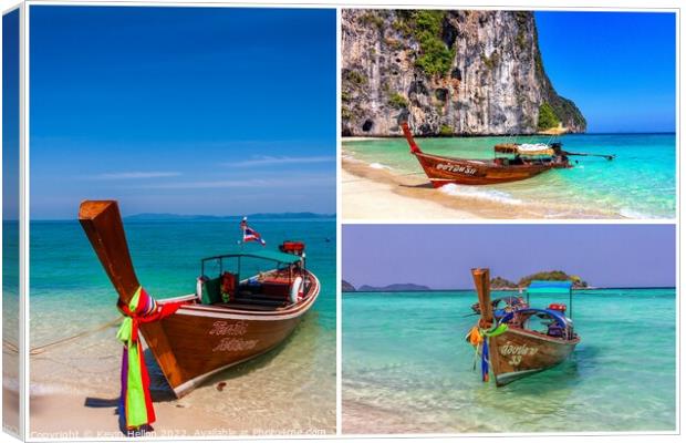 Long tail boats triptych, Thailand Canvas Print by Kevin Hellon