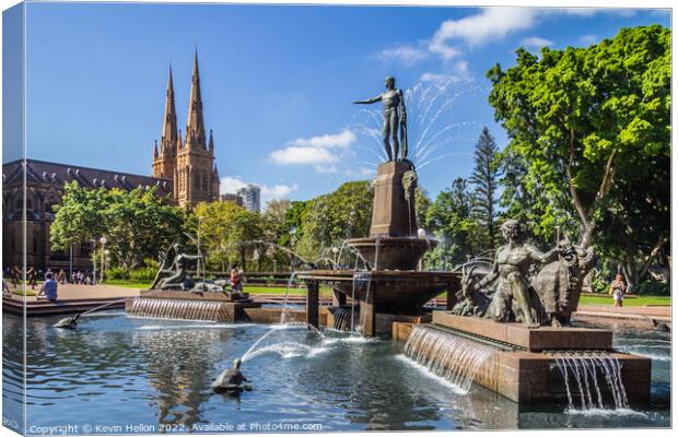 J. F. Archibald Memorial Fountain, Hyde Park with St Marys cathe Canvas Print by Kevin Hellon