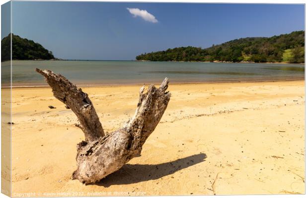 Driftwood on the white sand beach at Layan, Bang Tao Bay, Phuket Canvas Print by Kevin Hellon