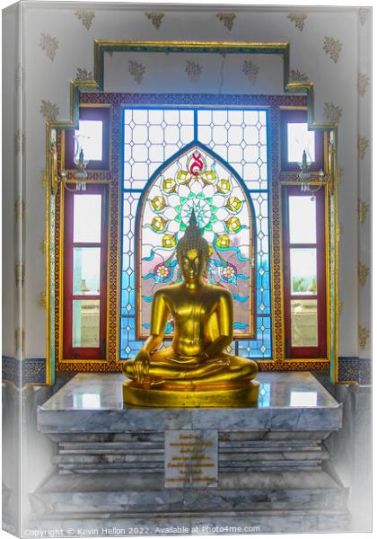 Buddha statue and stained glass window, Wat Tang Sai  Canvas Print by Kevin Hellon