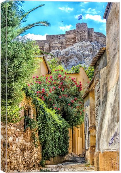 Narrow street in the Plaka district below the Acro Canvas Print by Kevin Hellon