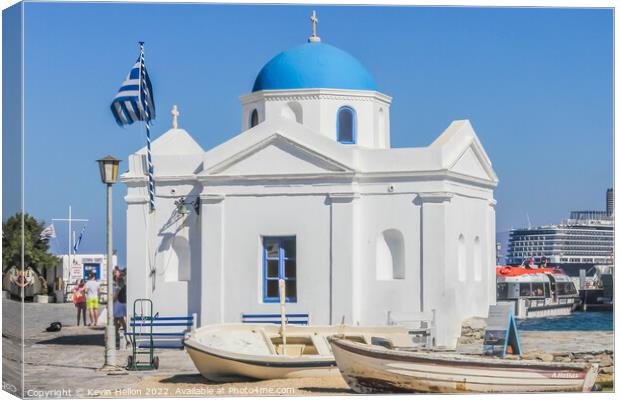 Church on the harbour, Chora, Mykonos, Greece Canvas Print by Kevin Hellon