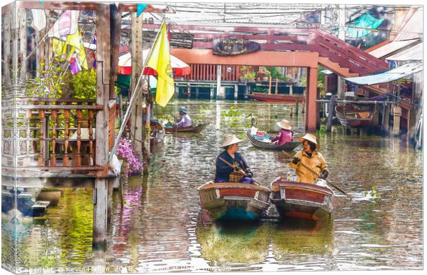 Vendors in boats Canvas Print by Kevin Hellon