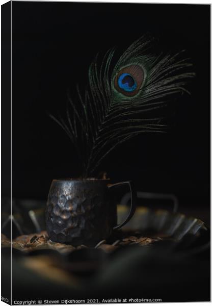 Pewter cup with a peacock feather still life Canvas Print by Steven Dijkshoorn