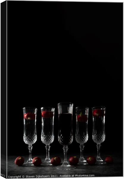 Five crystall glasses with wine and radish | Still Life portrait Canvas Print by Steven Dijkshoorn
