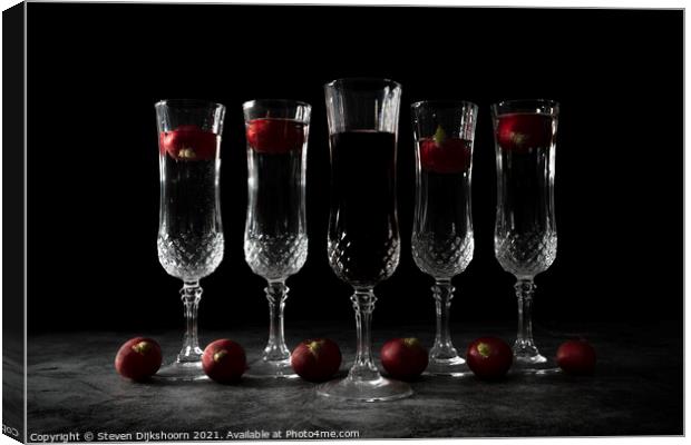 Five crystall glasses with wine and radish | Still Life landscape Canvas Print by Steven Dijkshoorn
