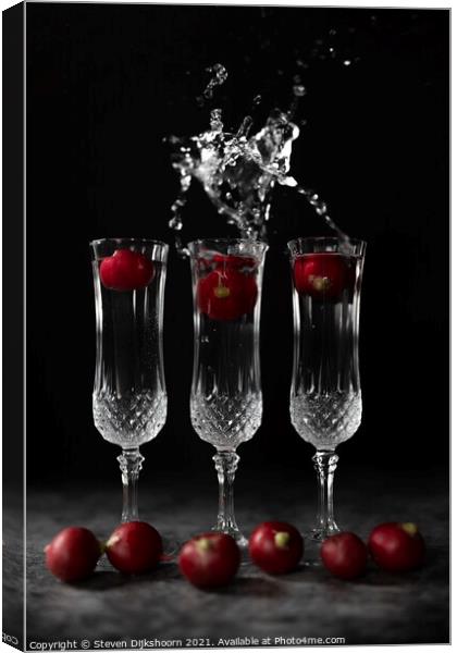 Three crystall glasses with radish and a splash of water | Still Life Canvas Print by Steven Dijkshoorn