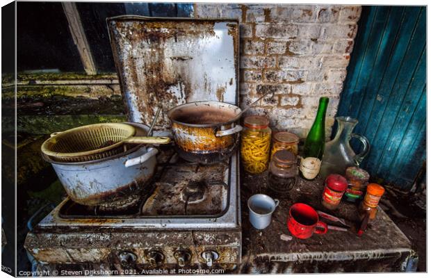 An old cooking plate with far reaching food Canvas Print by Steven Dijkshoorn