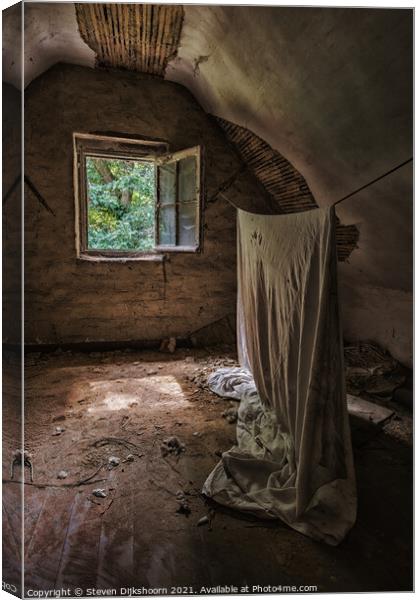 An old rug hanging in the attic of an abandoned house Canvas Print by Steven Dijkshoorn